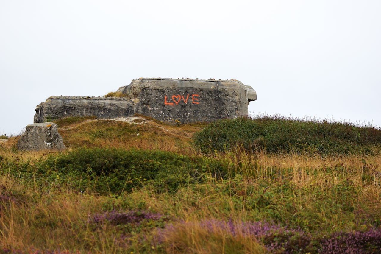 Graffiti 'LOVE' on a historic WWII bunker in Camaret-sur-Mer, surrounded by wild vegetation.