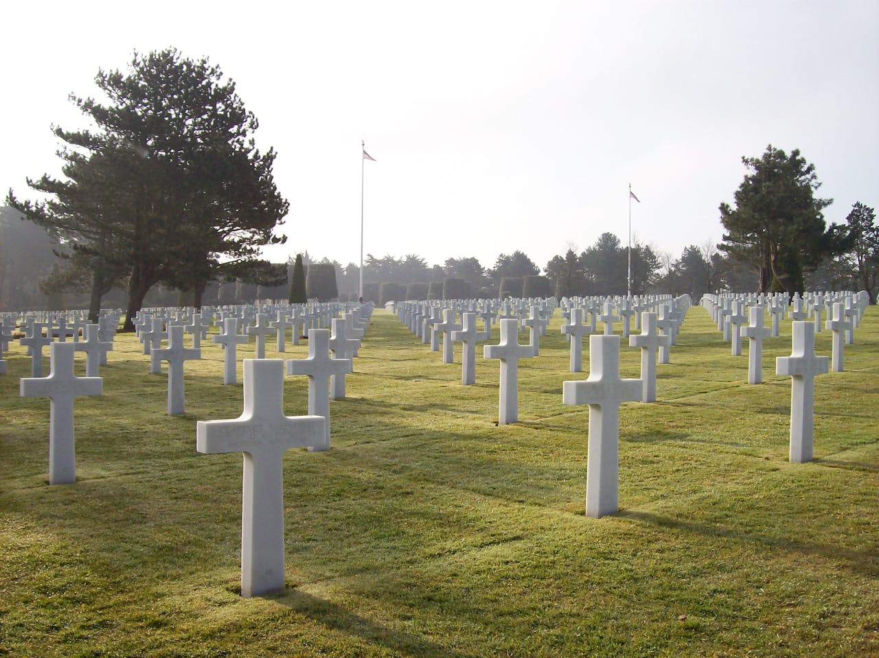 about-us A serene military cemetery with rows of white crosses under sunlight, symbolizing remembrance.
